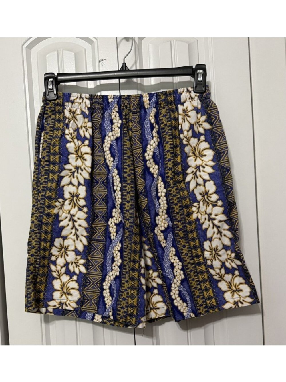Royal Shorts Hawaiian Print Mens Large Drawstring Waist Made In Hawaii Blue